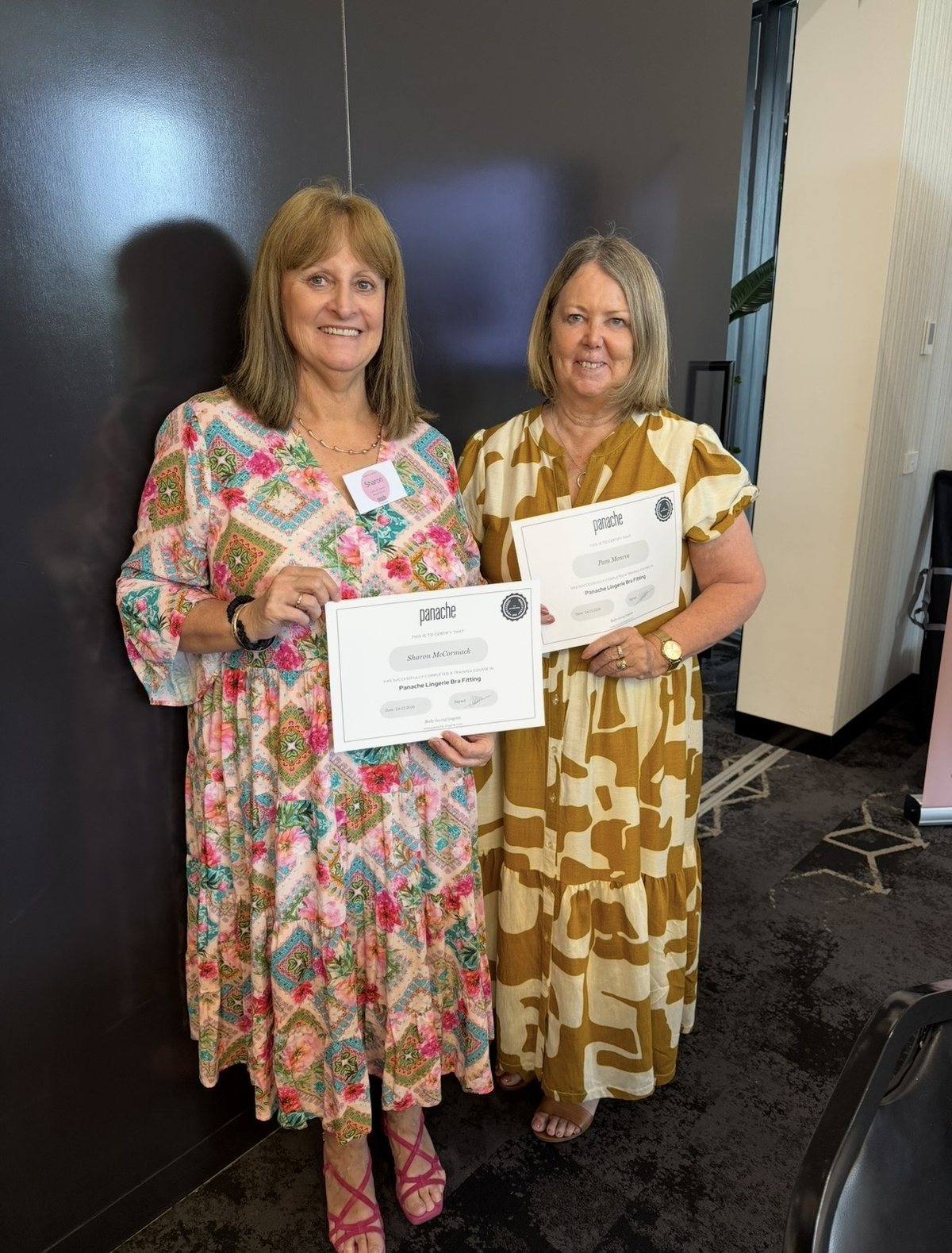 Sharon McCormack, left, with Pam at a bra fitting workshop this year. Keeping up with new ranges is part of the job.