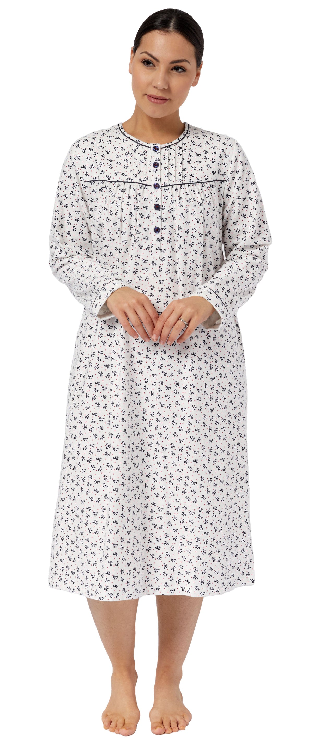 SHRANK - FLANNELETTE BOWS PLEATED MID LENGTH NIGHTIE